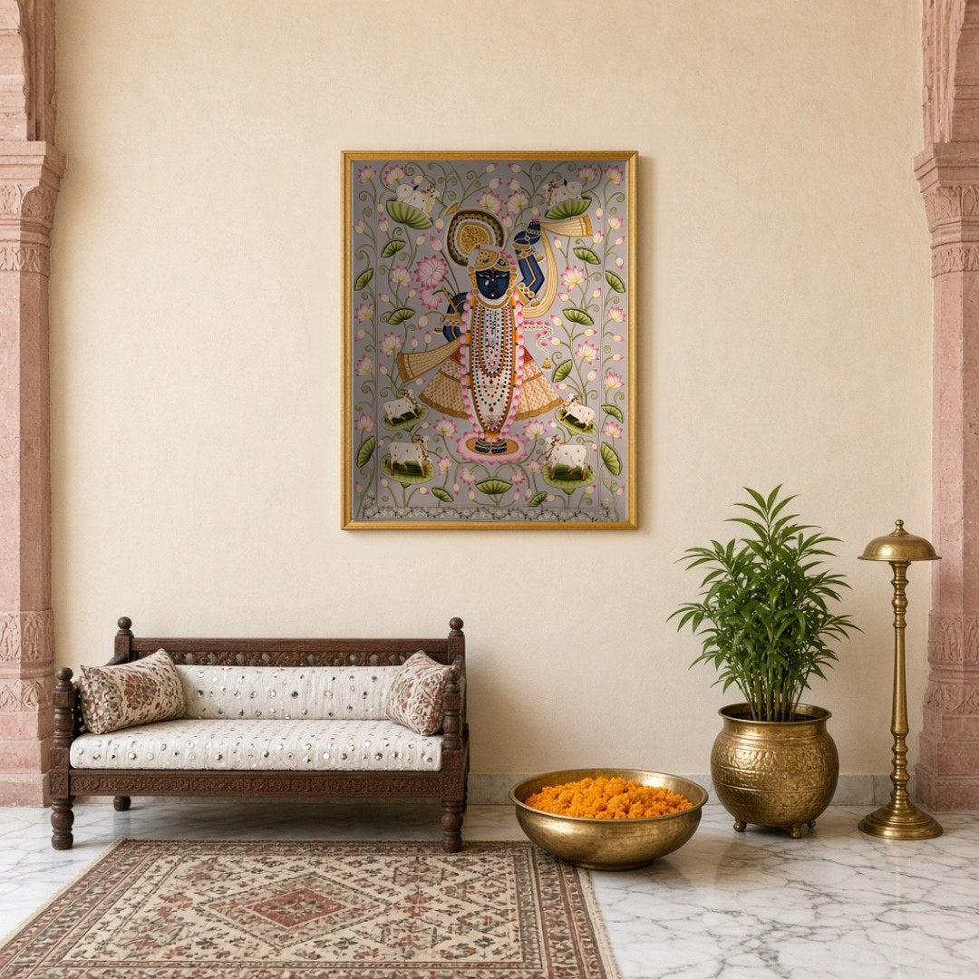 Immerse yourself in the divine serenity of this Pichwai artwork, showcasing Lord Krishna adorned for Entrance