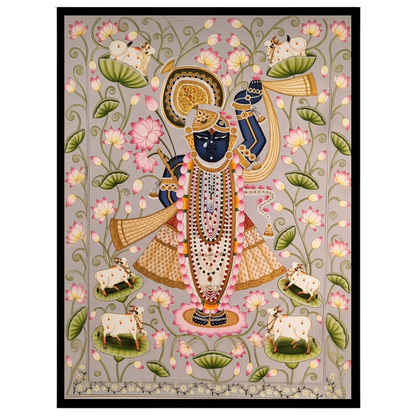 Immerse yourself in the divine serenity of this Pichwai artwork, showcasing Lord Krishna adorned for home