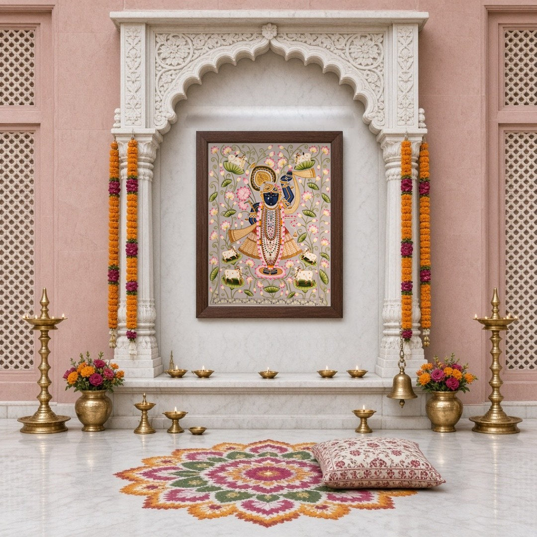 Immerse yourself in the divine serenity of this Pichwai artwork, showcasing Lord Krishna adorned for Home Temple