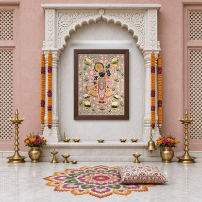 Immerse yourself in the divine serenity of this Pichwai artwork, showcasing Lord Krishna adorned for Home Temple