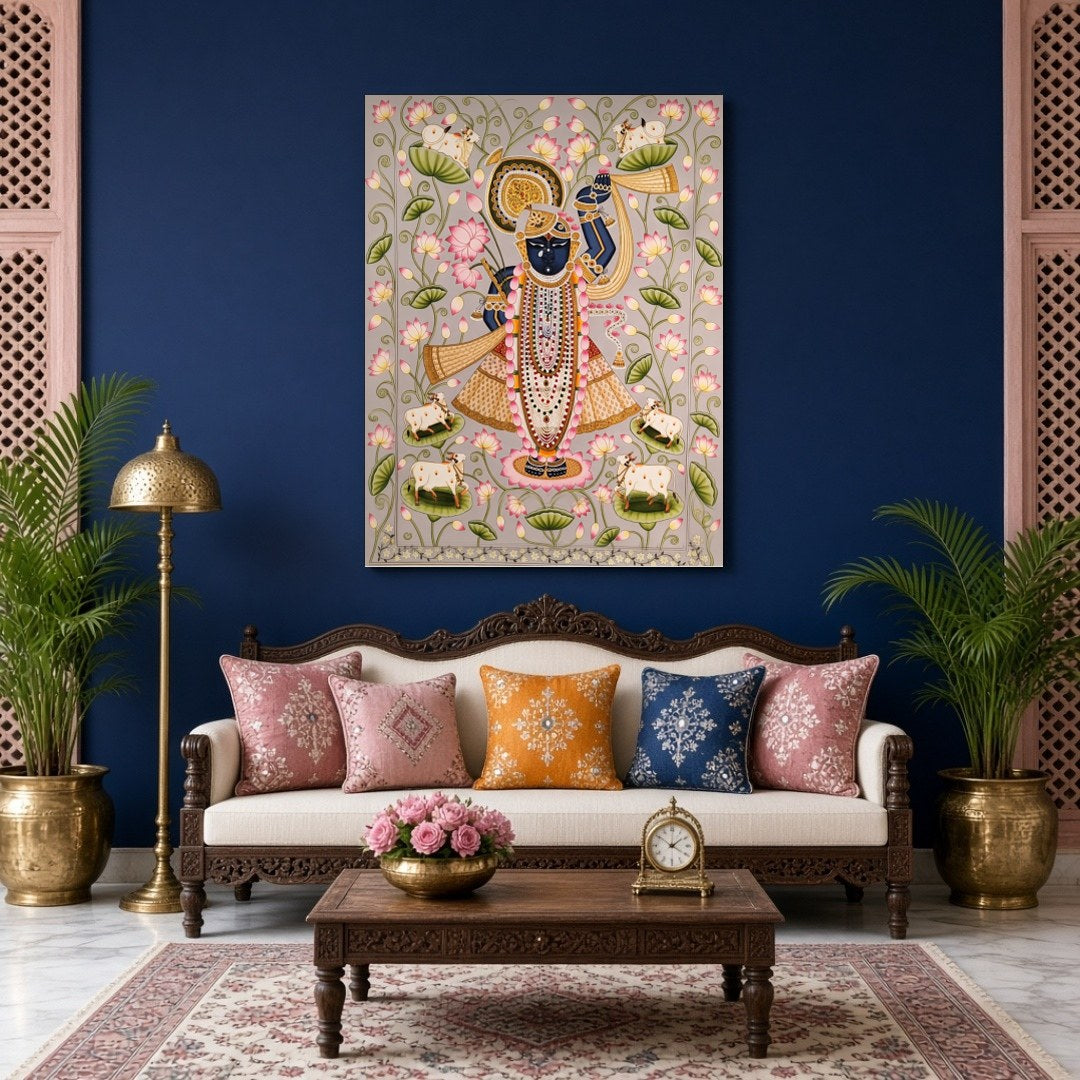 Immerse yourself in the divine serenity of this Pichwai artwork, showcasing Lord Krishna adorned for Living Room