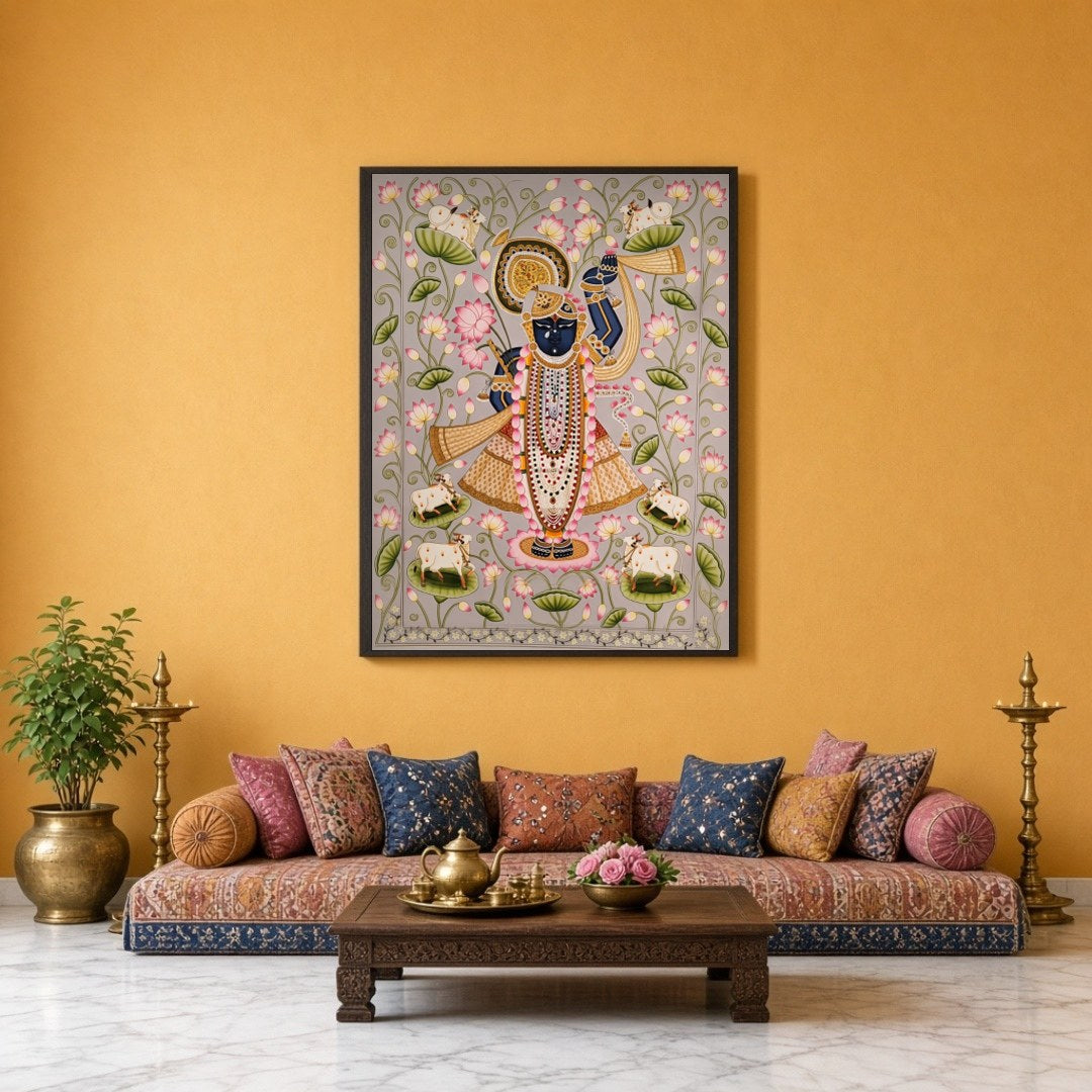 Immerse yourself in the divine serenity of this Pichwai artwork, showcasing Lord Krishna adorned for Sitting Lounge