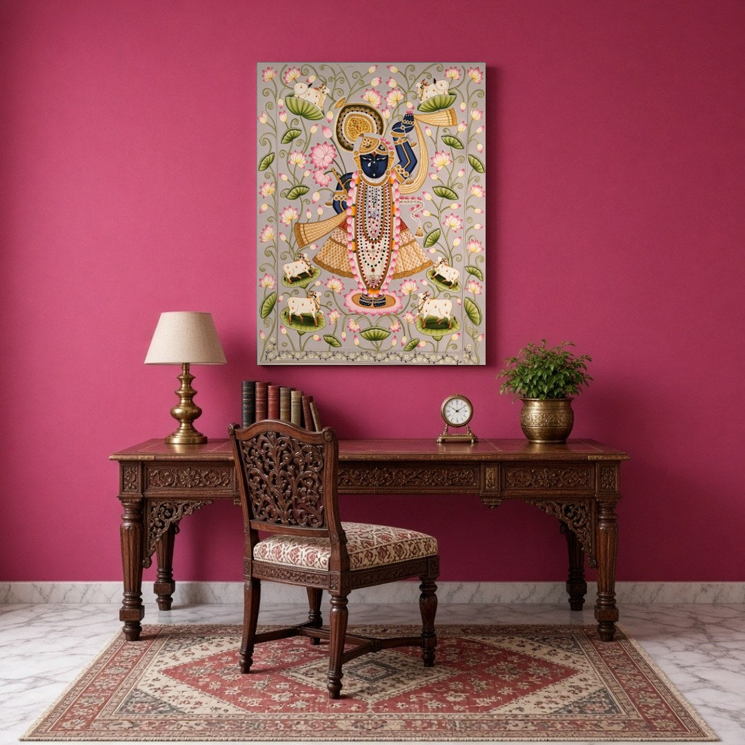 Immerse yourself in the divine serenity of this Pichwai artwork, showcasing Lord Krishna adorned for Study