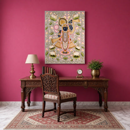 Immerse yourself in the divine serenity of this Pichwai artwork, showcasing Lord Krishna adorned for Study