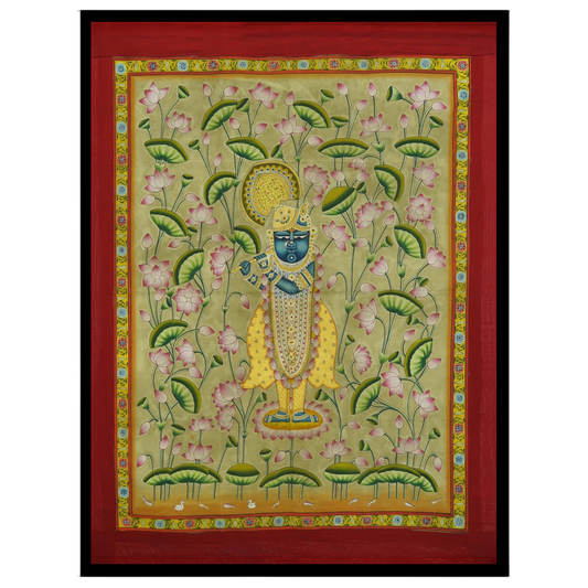 Experience the divine presence of Shrinathji with this captivating Pichwai artwork, surrounded by for residence
