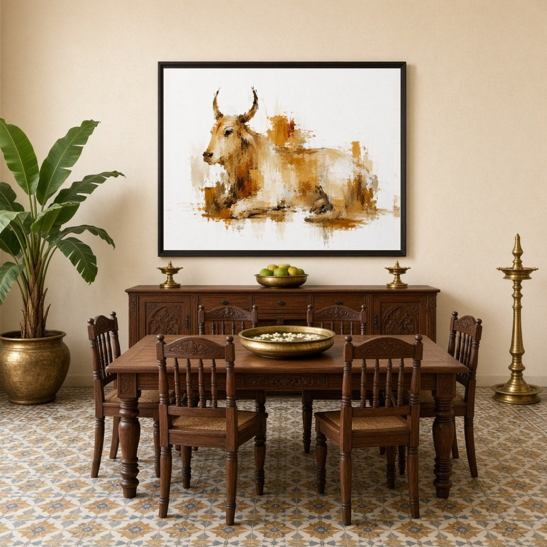 Experience the tranquil presence of Nandi portrayed in a harmonious blend of ochre and ivory tones. for Dining
