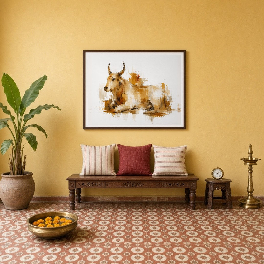 Experience the tranquil presence of Nandi portrayed in a harmonious blend of ochre and ivory tones. for Entrance