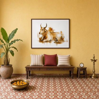 Experience the tranquil presence of Nandi portrayed in a harmonious blend of ochre and ivory tones. for Entrance