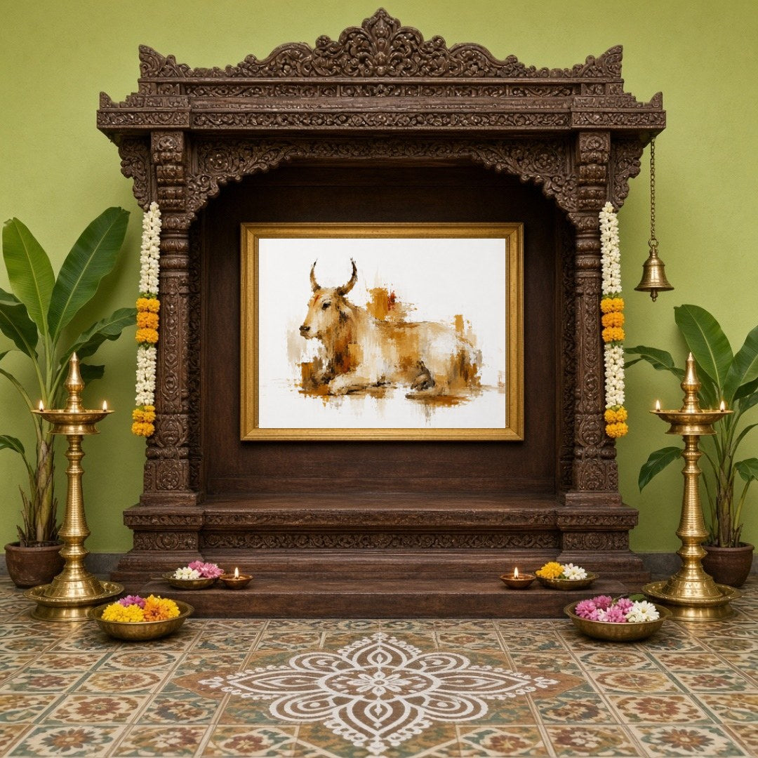 Experience the tranquil presence of Nandi portrayed in a harmonious blend of ochre and ivory tones. for Home Temple