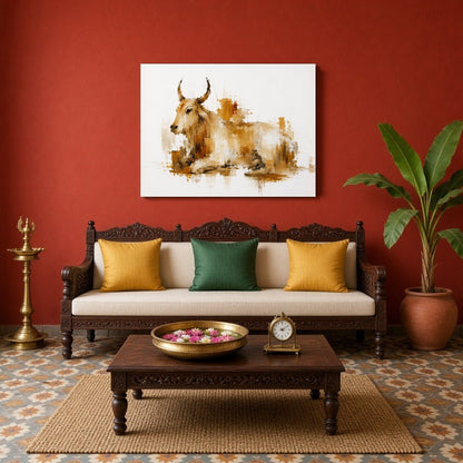 Experience the tranquil presence of Nandi portrayed in a harmonious blend of ochre and ivory tones. for Living Room