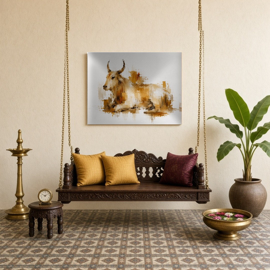Experience the tranquil presence of Nandi portrayed in a harmonious blend of ochre and ivory tones. for Sitting Lounge