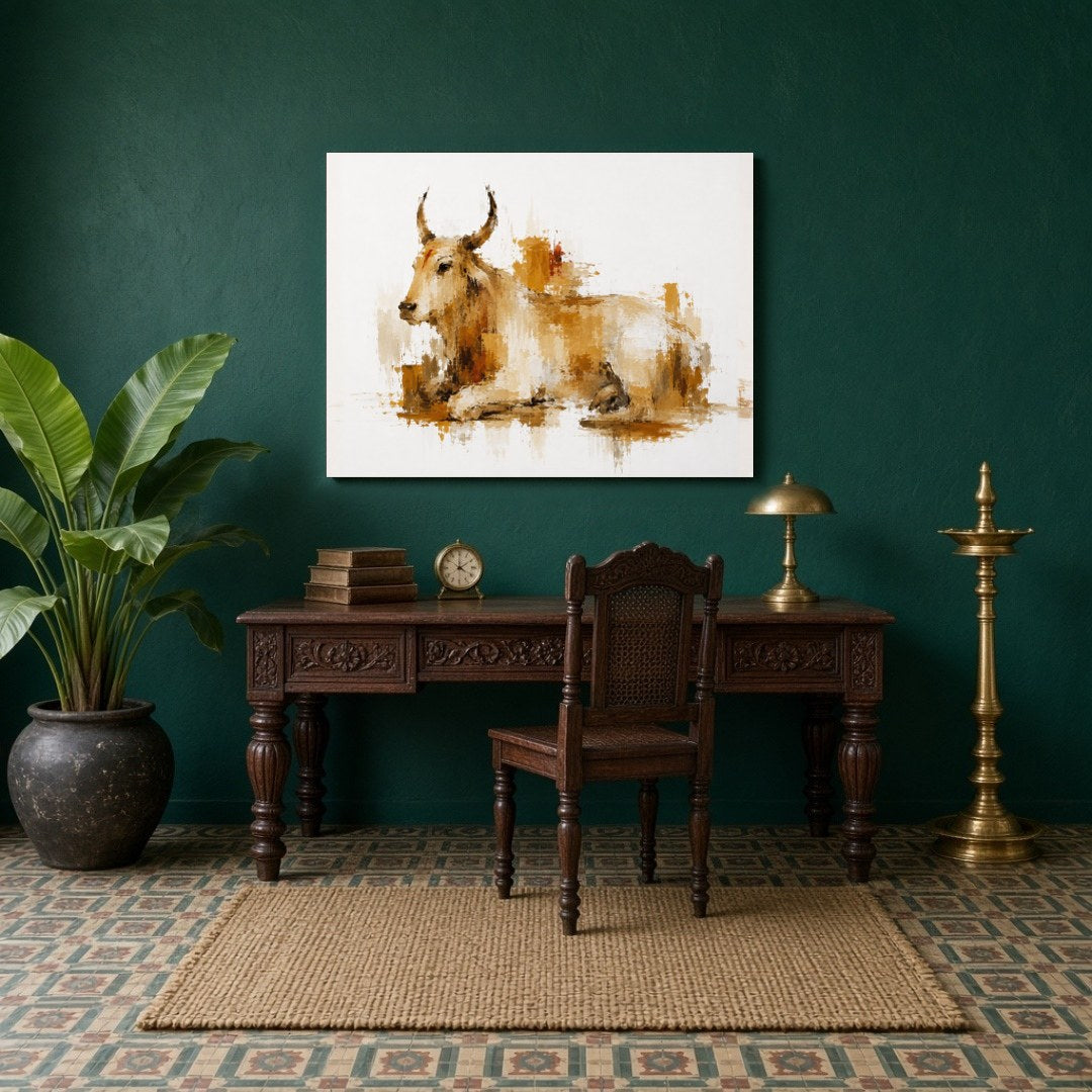 Experience the tranquil presence of Nandi portrayed in a harmonious blend of ochre and ivory tones. for Study