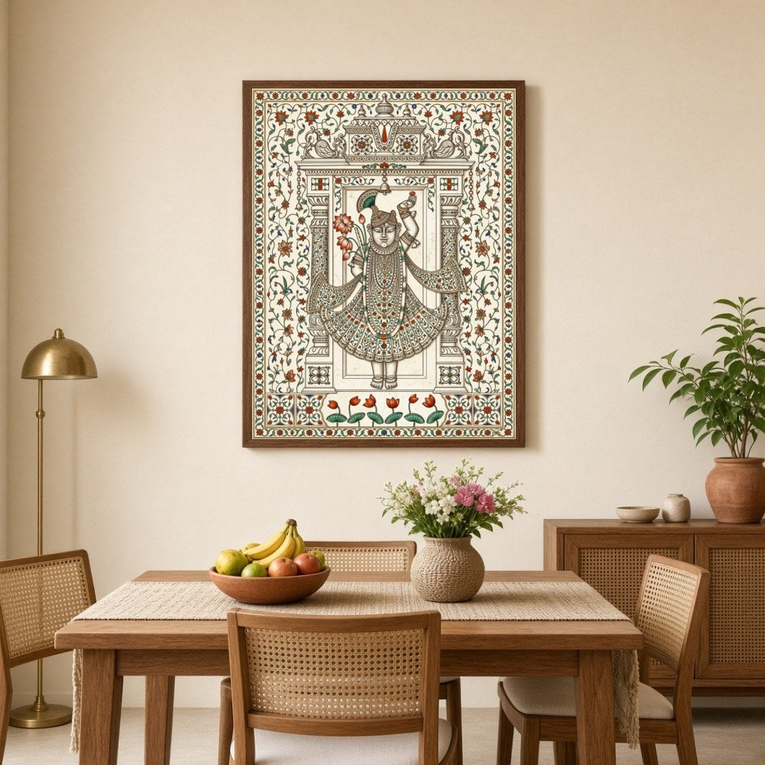 Embrace the divine with this exquisite Pichwai artwork featuring Shrinathji adorned with a vibrant for Dining