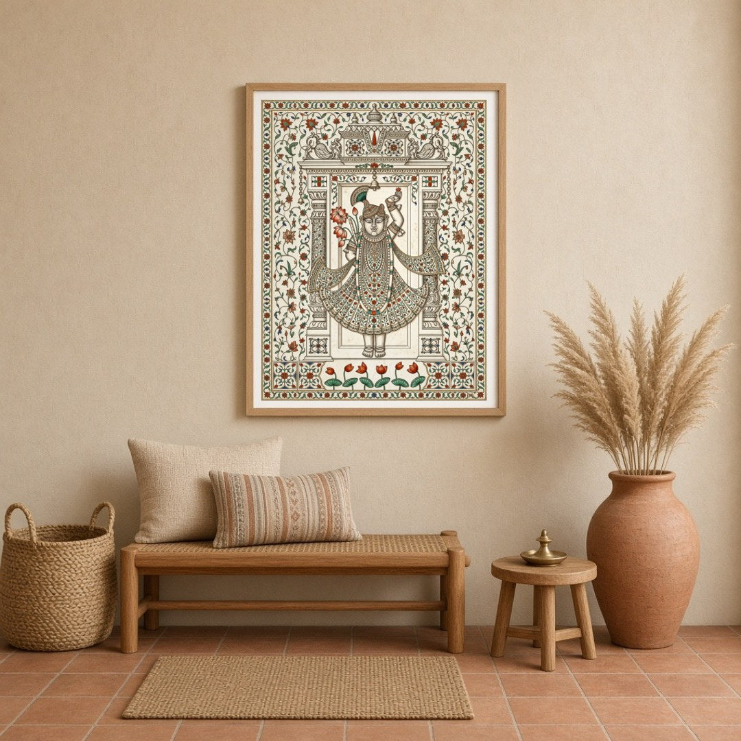 Embrace the divine with this exquisite Pichwai artwork featuring Shrinathji adorned with a vibrant for Entrance
