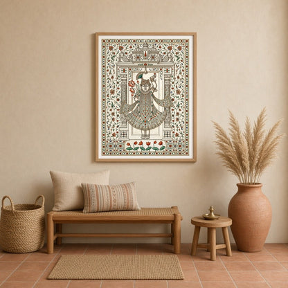 Embrace the divine with this exquisite Pichwai artwork featuring Shrinathji adorned with a vibrant for Entrance