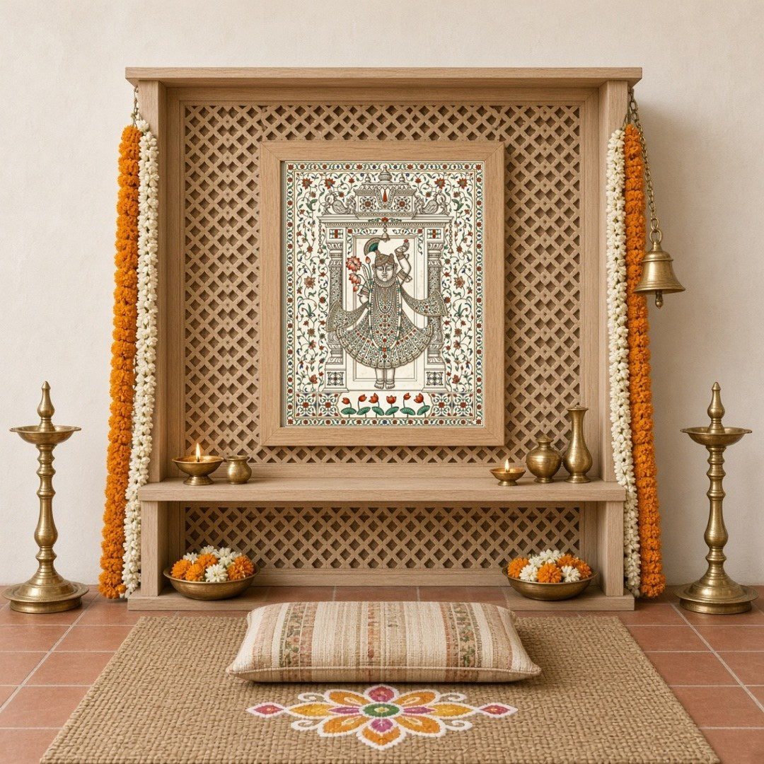 Embrace the divine with this exquisite Pichwai artwork featuring Shrinathji adorned with a vibrant for Home Temple