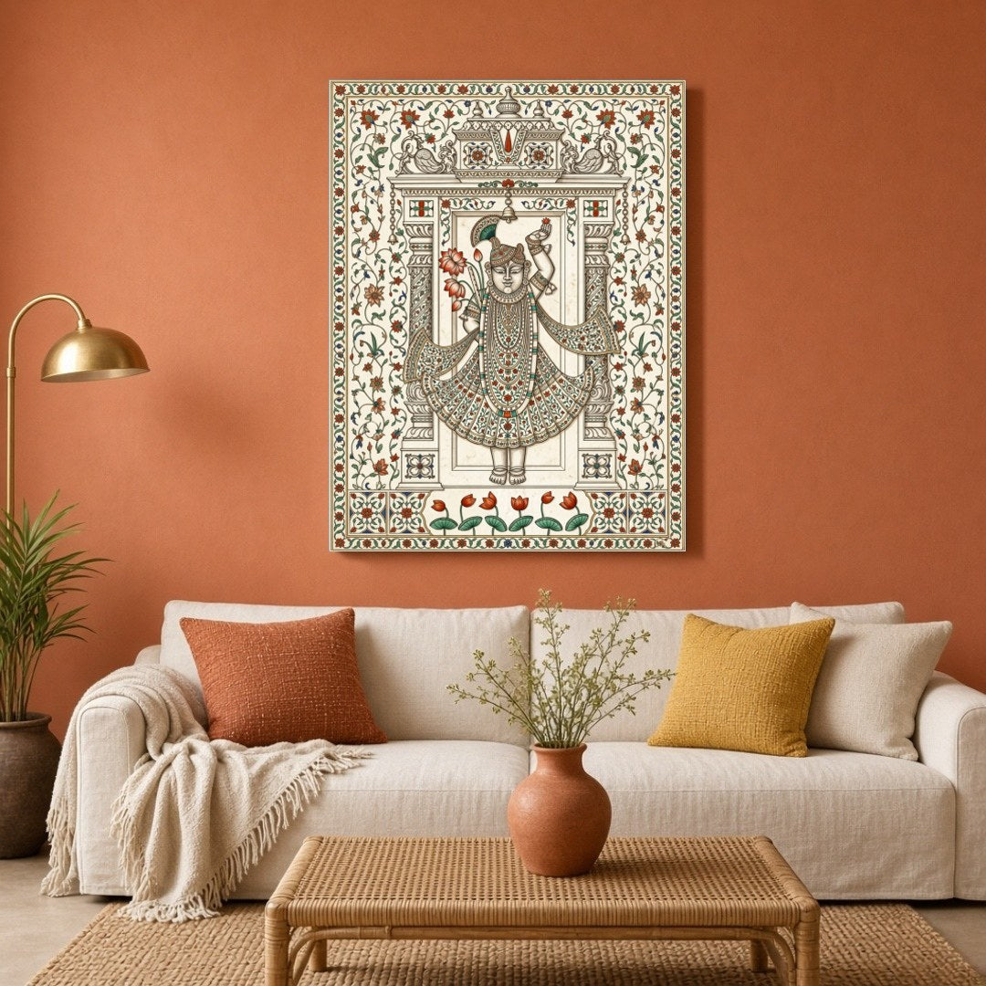 Embrace the divine with this exquisite Pichwai artwork featuring Shrinathji adorned with a vibrant for Living Room