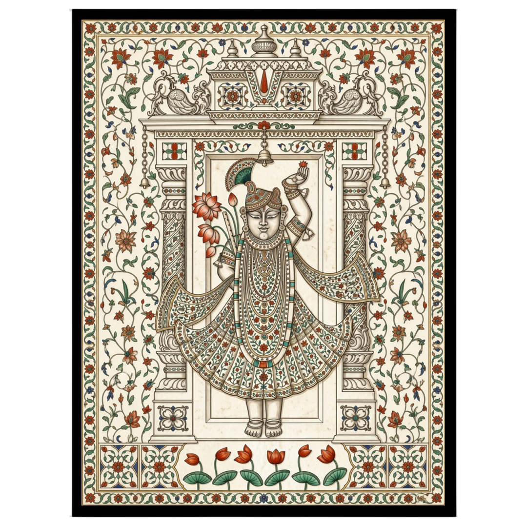 Embrace the divine with this exquisite Pichwai artwork featuring Shrinathji adorned with a vibrant for sanctuary