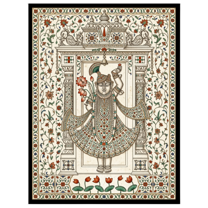 Embrace the divine with this exquisite Pichwai artwork featuring Shrinathji adorned with a vibrant for sanctuary