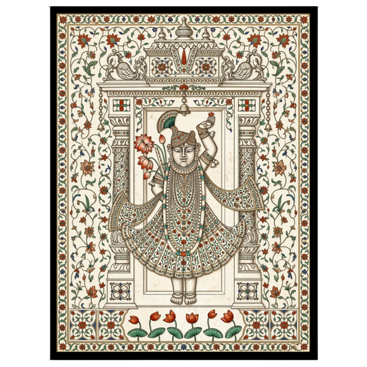Embrace the divine with this exquisite Pichwai artwork featuring Shrinathji adorned with a vibrant for sanctuary