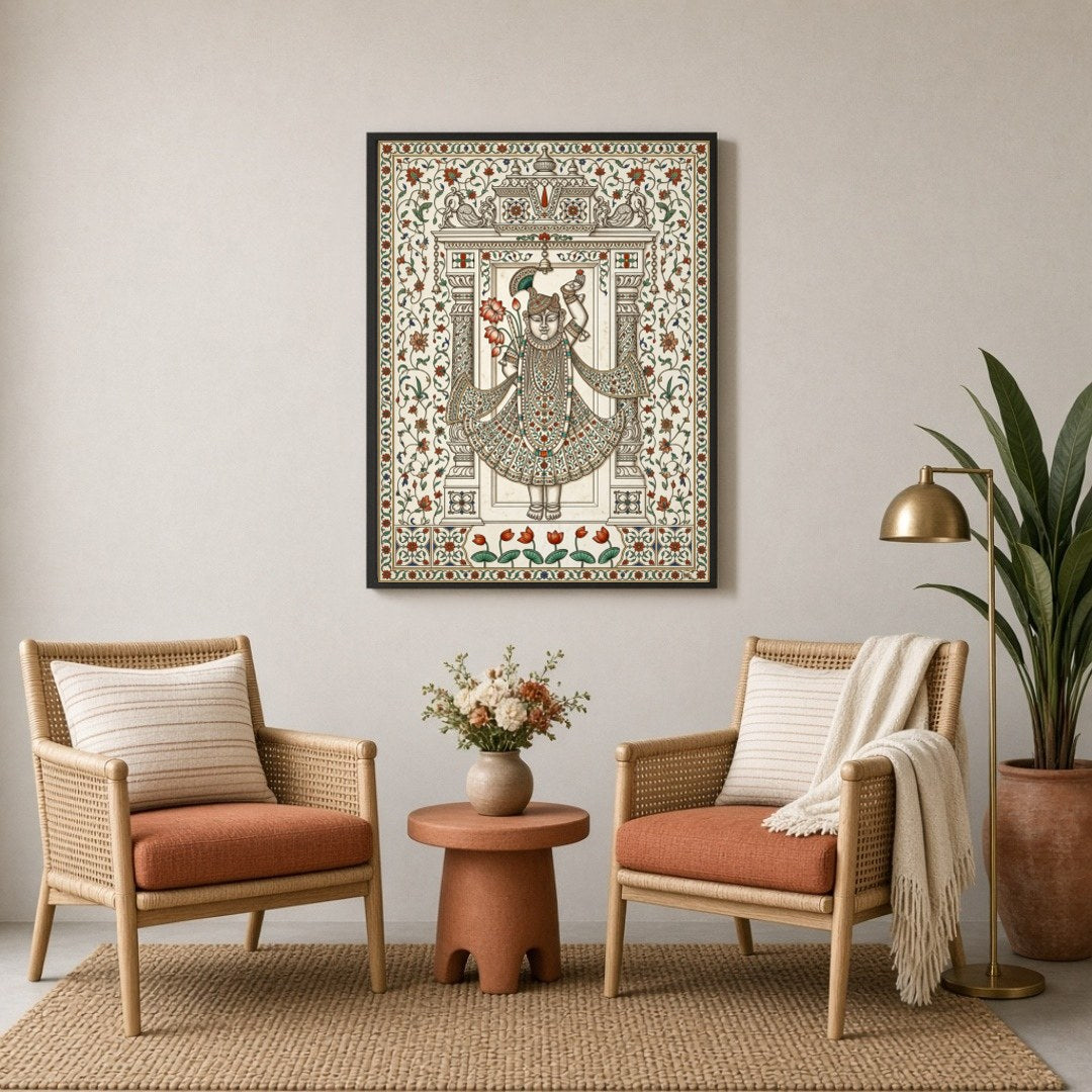 Embrace the divine with this exquisite Pichwai artwork featuring Shrinathji adorned with a vibrant for Sitting Lounge