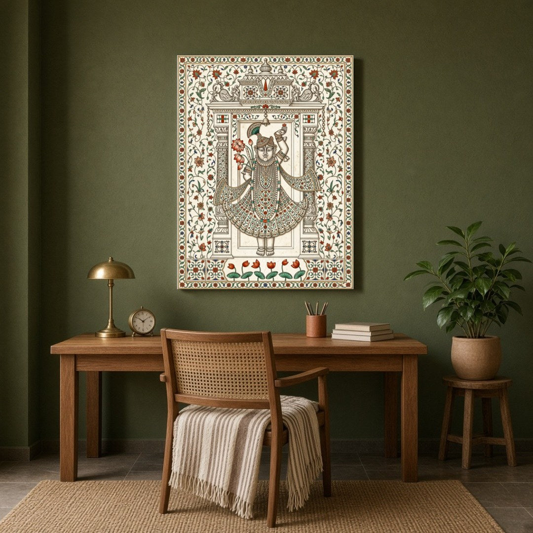 Embrace the divine with this exquisite Pichwai artwork featuring Shrinathji adorned with a vibrant for Study