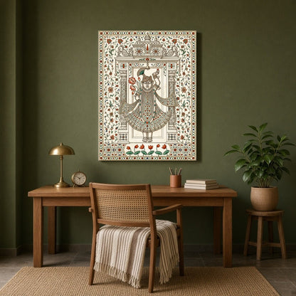 Embrace the divine with this exquisite Pichwai artwork featuring Shrinathji adorned with a vibrant for Study