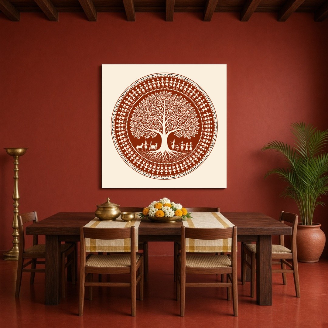 Immerse yourself in the intricate beauty of this Warli folk art print, showcasing a harmonious for Dining
