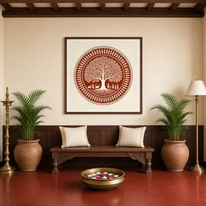 Immerse yourself in the intricate beauty of this Warli folk art print, showcasing a harmonious for Entrance