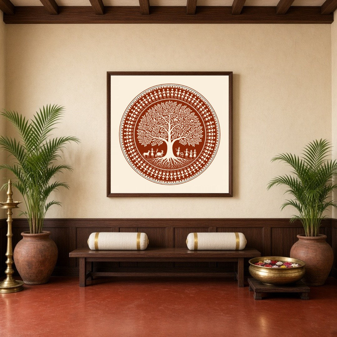 Immerse yourself in the intricate beauty of this Warli folk art print, showcasing a harmonious for Hallway