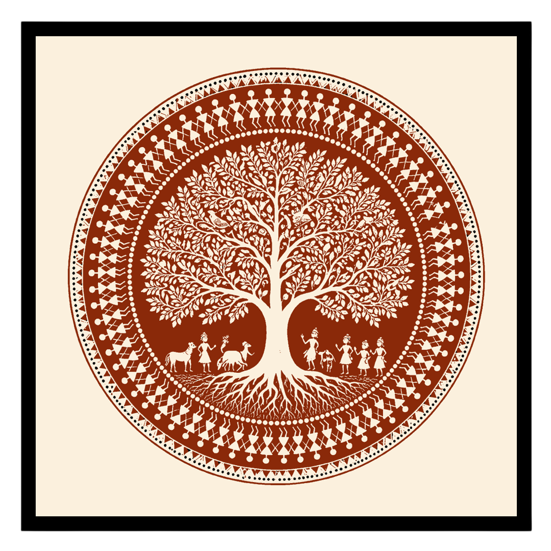 Immerse yourself in the intricate beauty of this Warli folk art print, showcasing a harmonious for kitchen