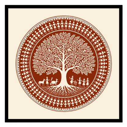 Immerse yourself in the intricate beauty of this Warli folk art print, showcasing a harmonious for kitchen
