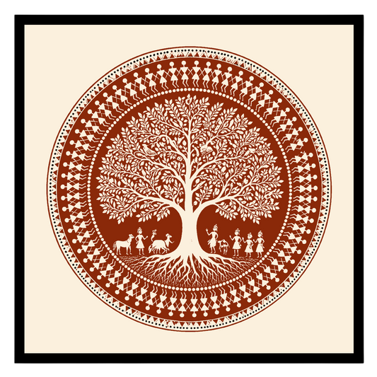 Immerse yourself in the intricate beauty of this Warli folk art print, showcasing a harmonious for kitchen