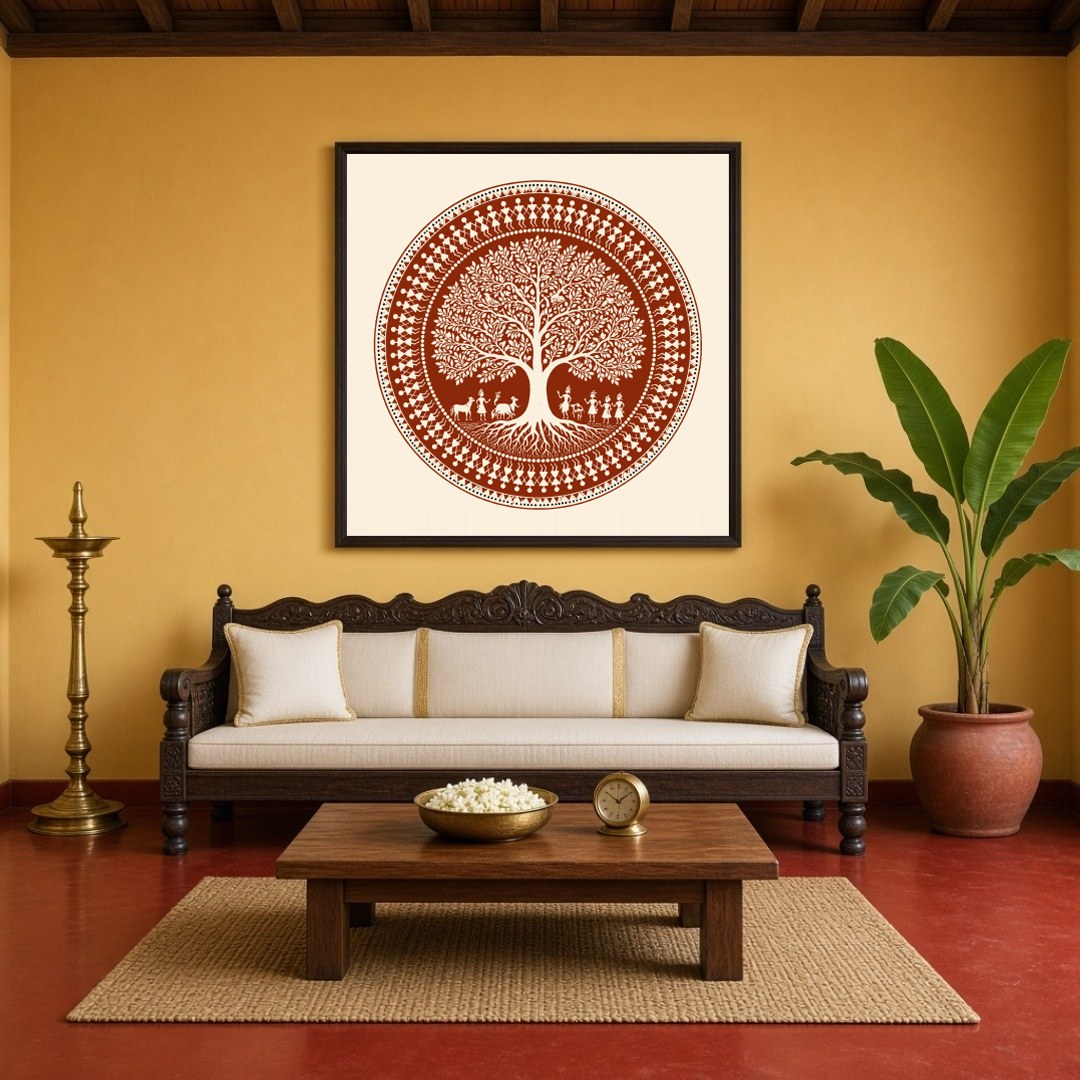 Immerse yourself in the intricate beauty of this Warli folk art print, showcasing a harmonious for Living Room