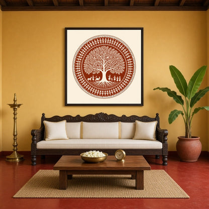 Immerse yourself in the intricate beauty of this Warli folk art print, showcasing a harmonious for Living Room
