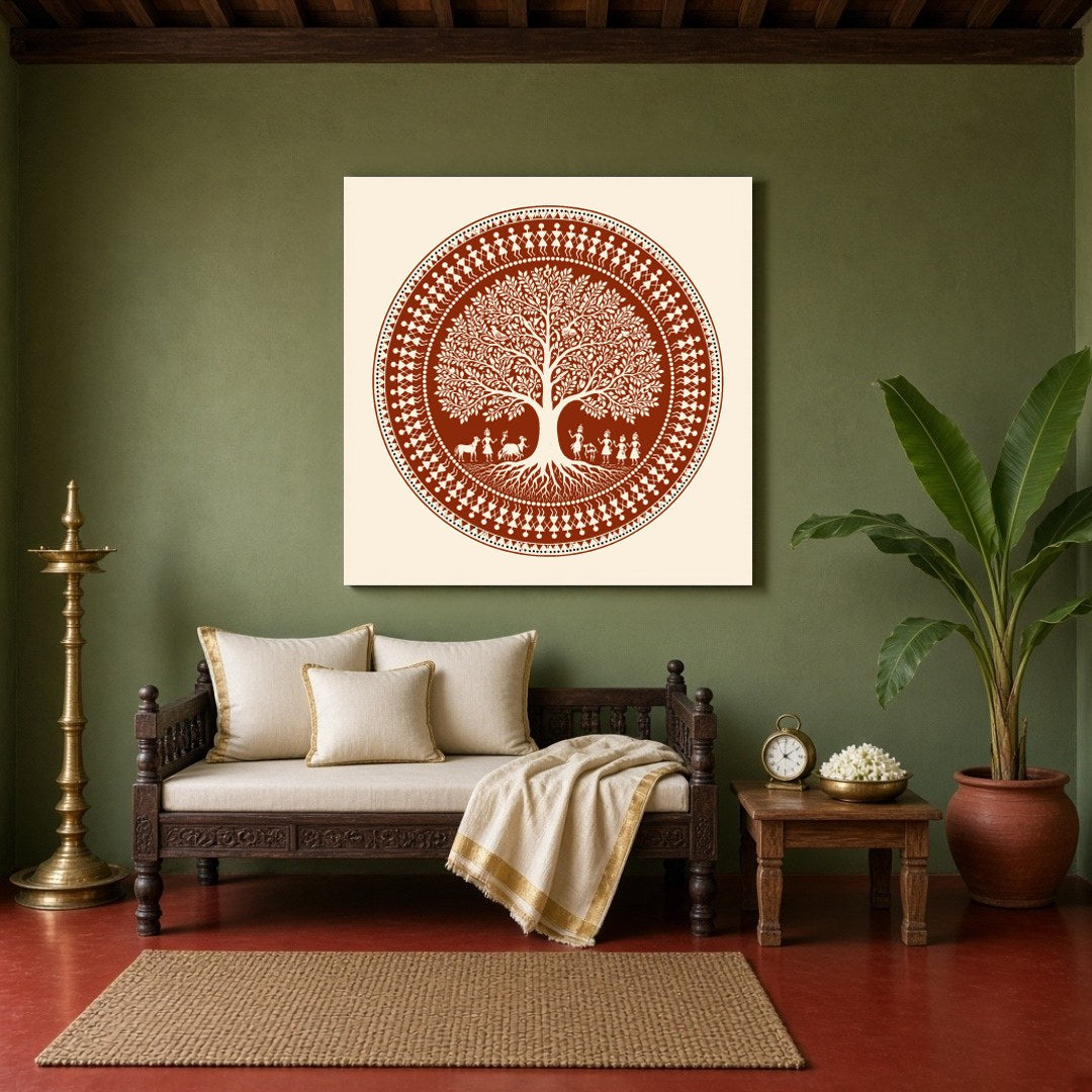 Immerse yourself in the intricate beauty of this Warli folk art print, showcasing a harmonious for Sitting Area