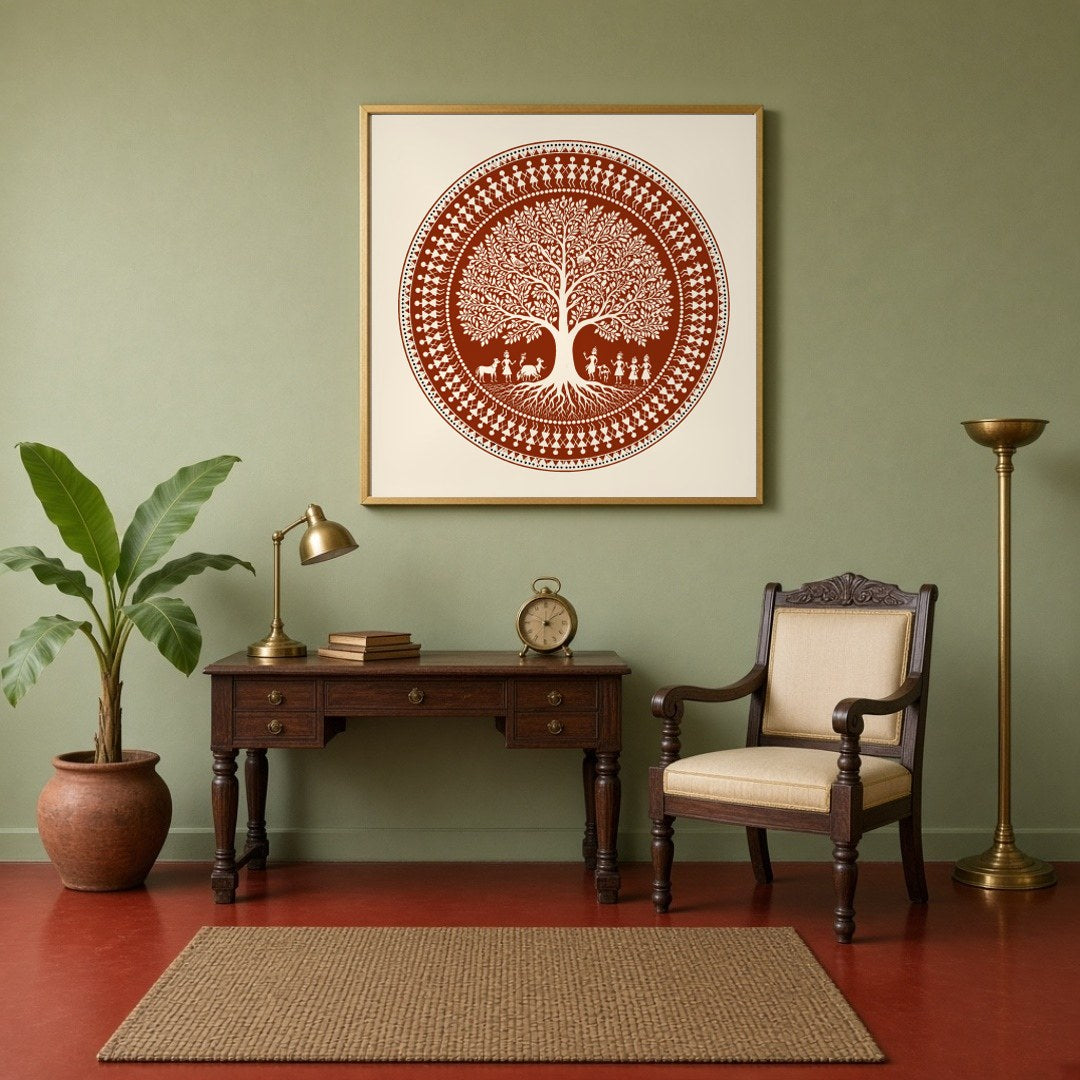 Immerse yourself in the intricate beauty of this Warli folk art print, showcasing a harmonious for Study