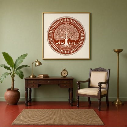 Immerse yourself in the intricate beauty of this Warli folk art print, showcasing a harmonious for Study