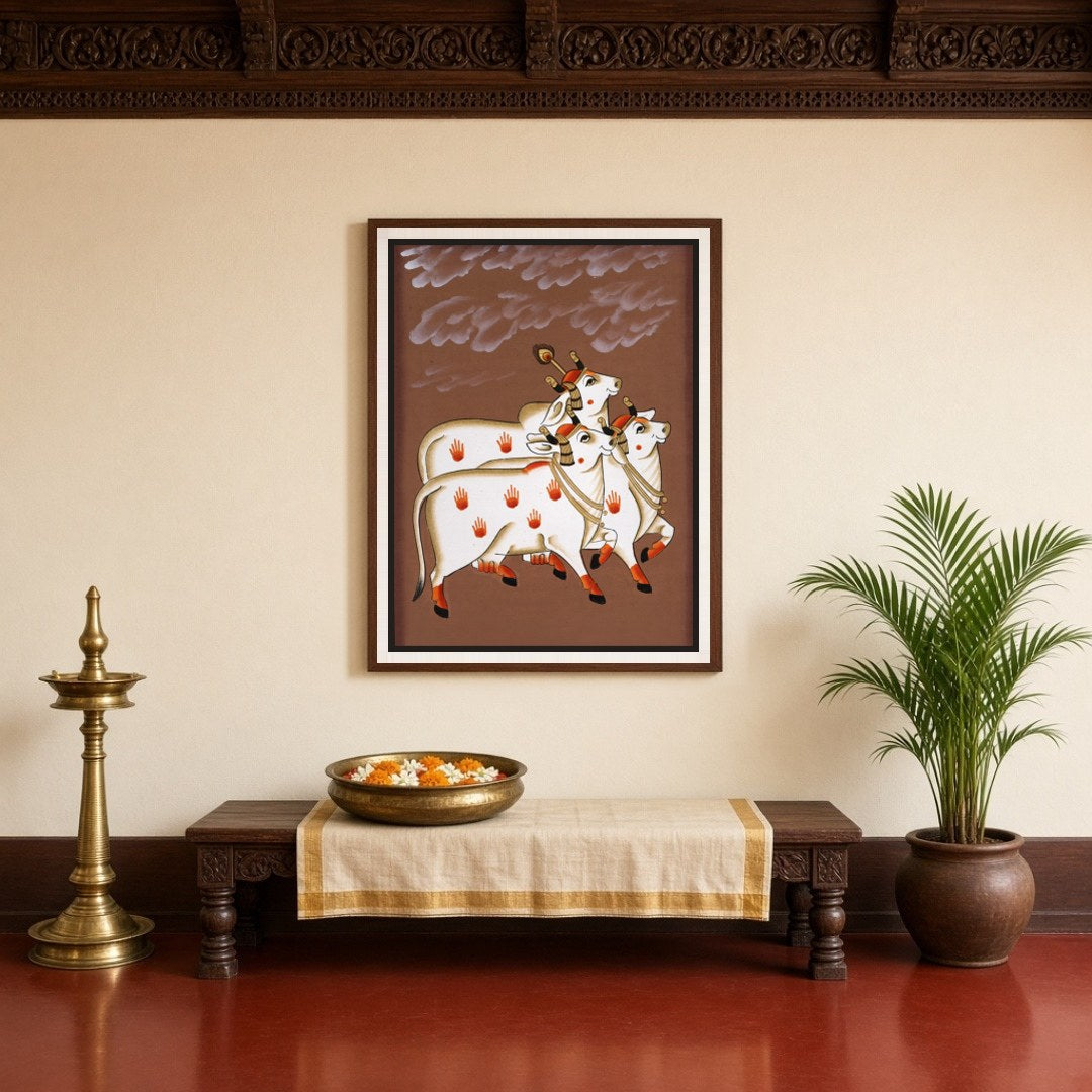Embrace the nurturing energy and grandeur of Pichwai art with this exquisite portrayal of the for Entrance