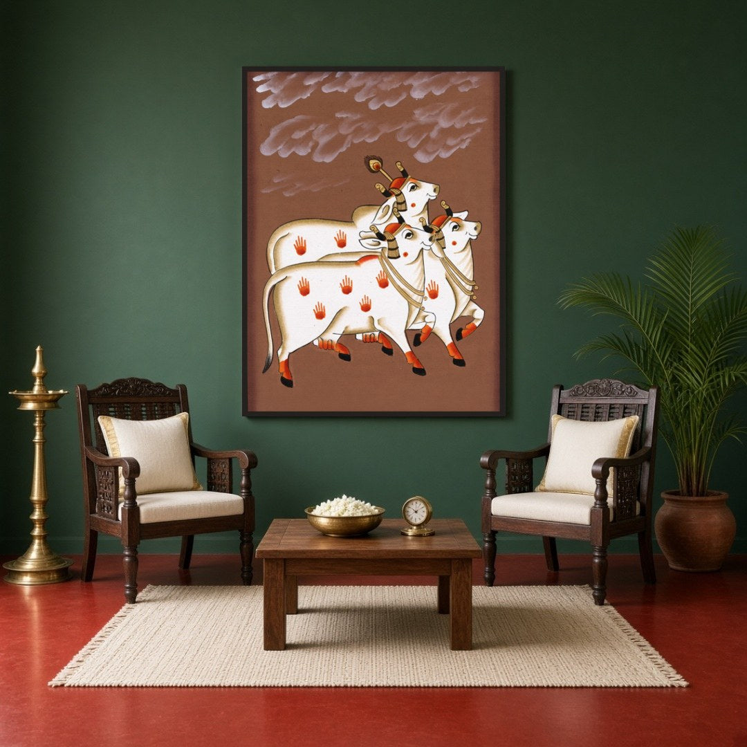 Embrace the nurturing energy and grandeur of Pichwai art with this exquisite portrayal of the for Sitting Area
