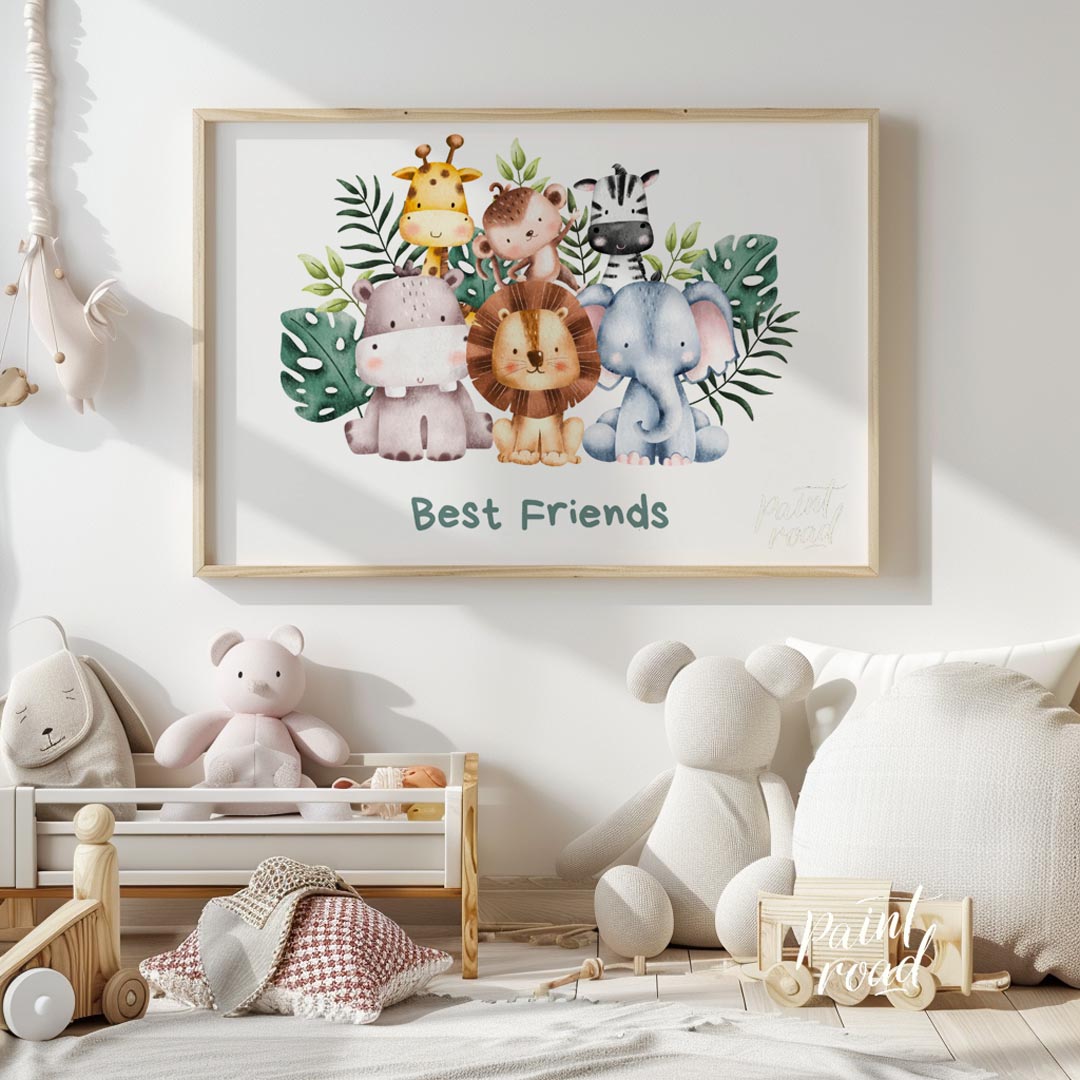 This heartwarming watercolor poster features an adorable group of "Best Friends" from the safari, d… for nursery