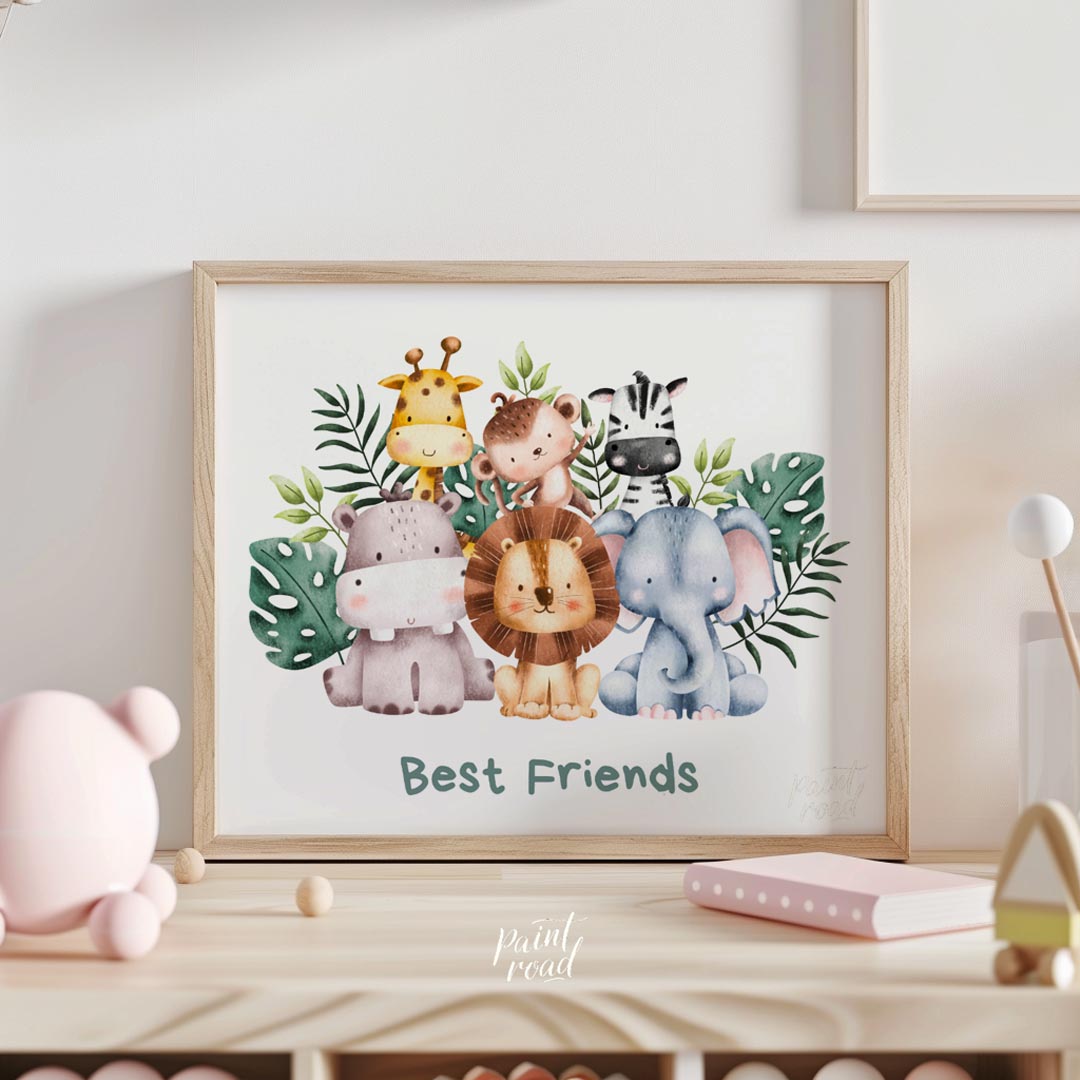 This heartwarming watercolor poster features an adorable group of "Best Friends" from the safari, d… for nursery