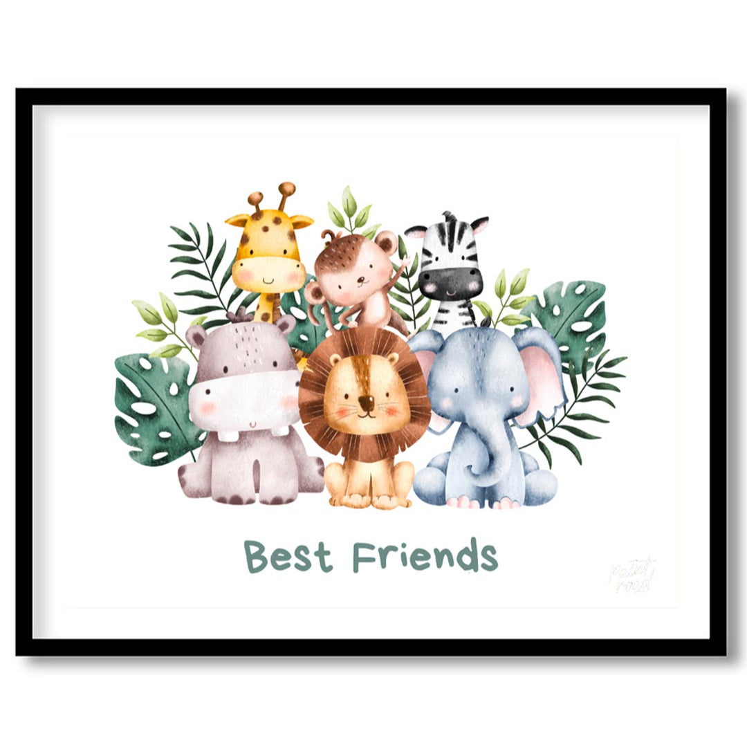 This heartwarming watercolor poster features an adorable group of "Best Friends" from the safari, d… for space