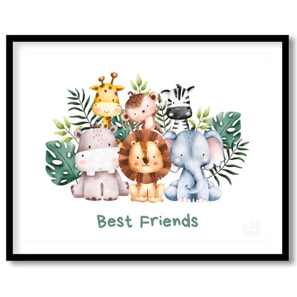 This heartwarming watercolor poster features an adorable group of "Best Friends" from the safari, d… for space