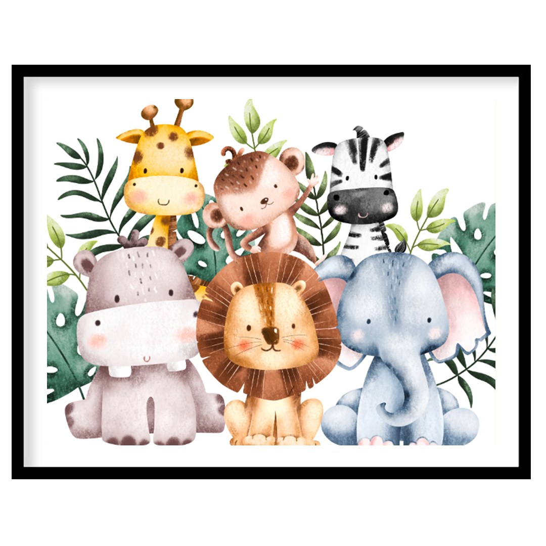 This heartwarming watercolor poster features an adorable group of "Best Friends" from the safari, d… for space