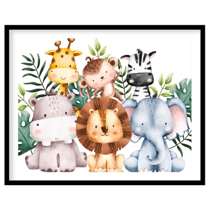 This heartwarming watercolor poster features an adorable group of "Best Friends" from the safari, d… for space