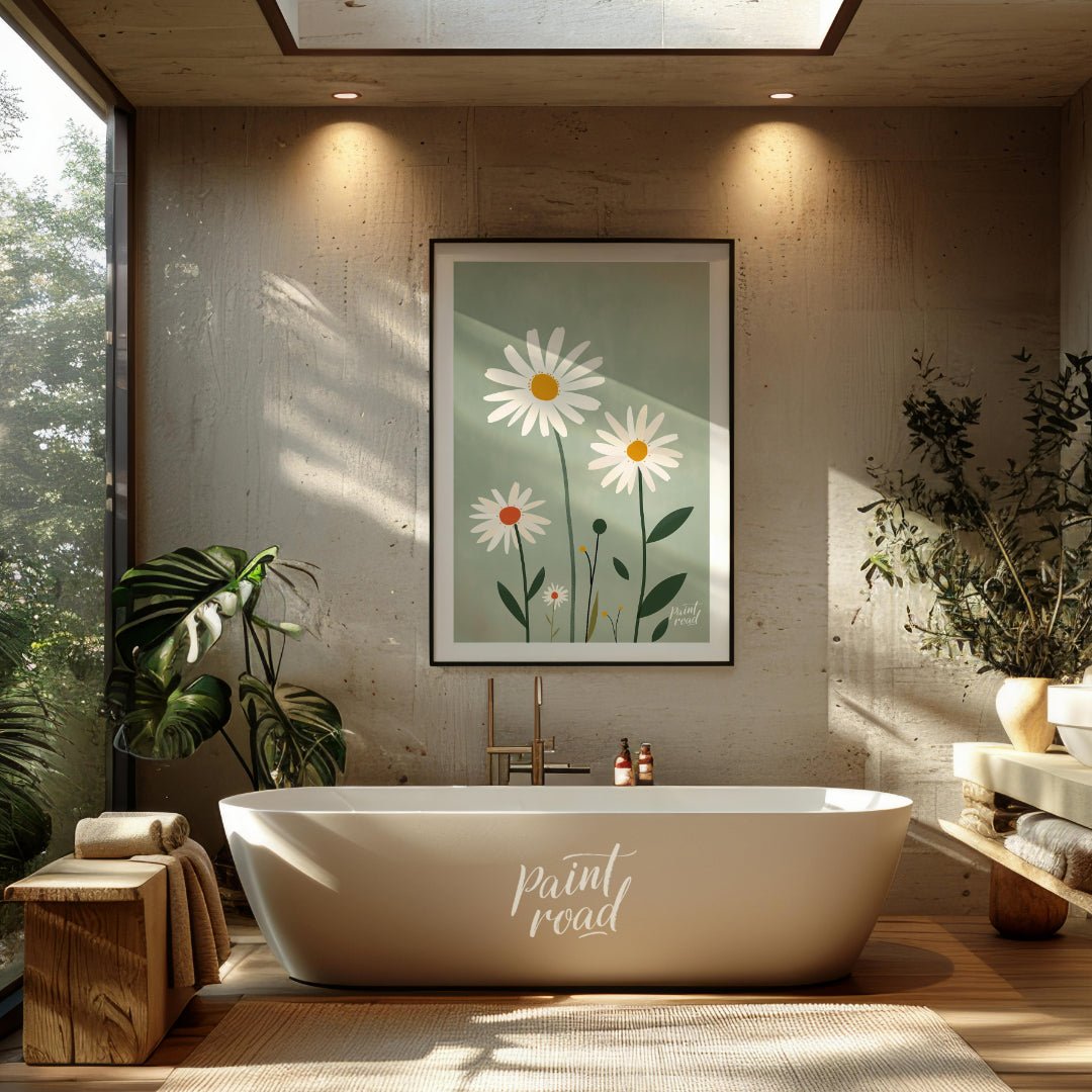 This charming digital illustration features three white daisies with warm yellow and orange centers… for bathroom