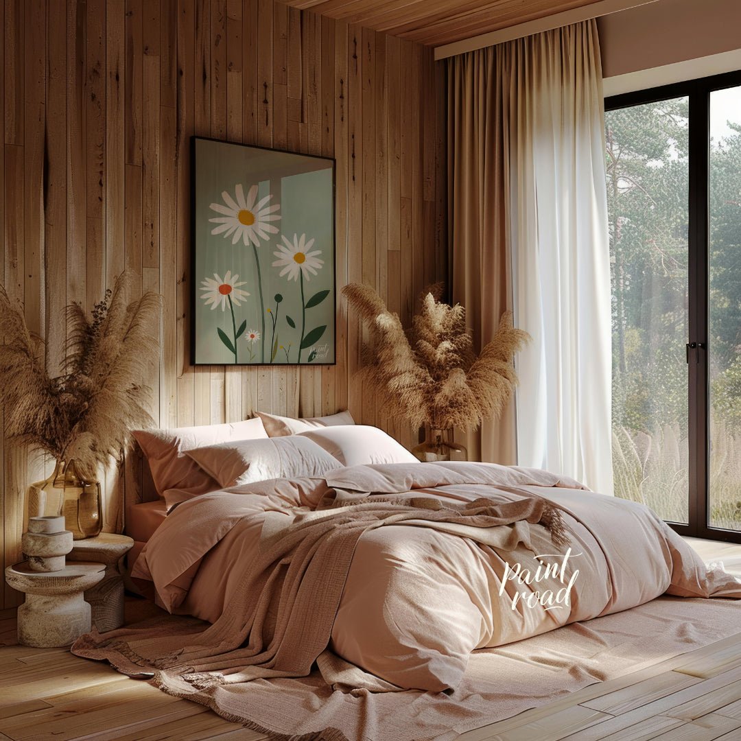 This charming digital illustration features three white daisies with warm yellow and orange centers… for bedroom