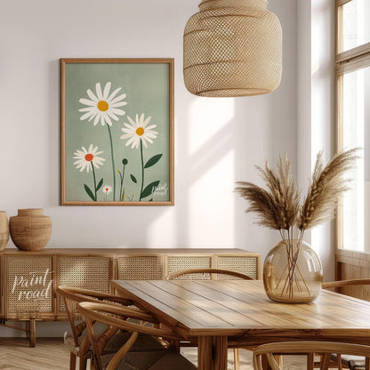 This charming digital illustration features three white daisies with warm yellow and orange centers… for dining room