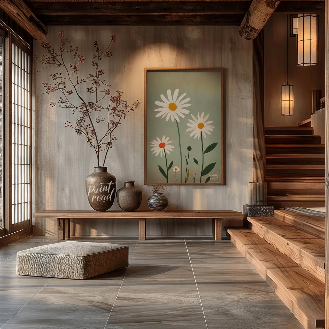 This charming digital illustration features three white daisies with warm yellow and orange centers… for entryway